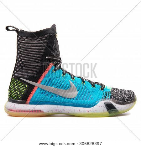 Vienna, Austria - August 10, 2017: Nike Kobe X Elite Se Blue, Black And Multi Color Sneaker On White