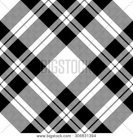 Pixel Check Fabric Texture Seamless Black White Pattern. Vector Illustration.