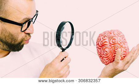 Adult Nerd Man Wearing Eyeglasses Looking At Human Brain Model. Thinking And Intelligence Conept