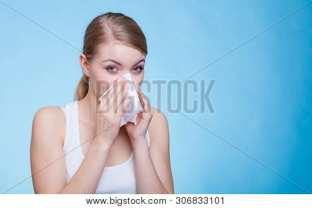 Disease, Sickness, Allergy, Malady Problem Concept. Woman Wiping Her Nose With Hygienic Paper Tissue
