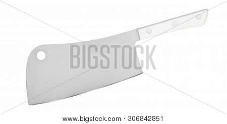 Japanese Steel Knife Hatchet For Cutting Meat. Kitchen Knife Isolated On White Background With Clipp