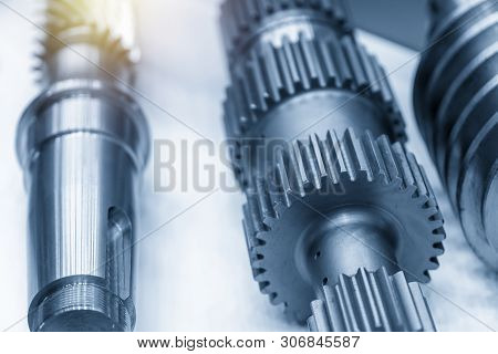 The Spline Gear Shaft Parts In The Light Blue Scene. The Automotive Transmission Parts.