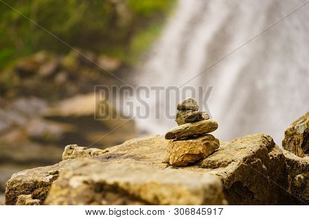 Mountains Rocky Landscape. Stone Stack And Waterfall, Norwegian Nature