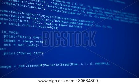 3d Hacking Code Data Flow Stream On Blue. Screen With Typing Coding Symbols