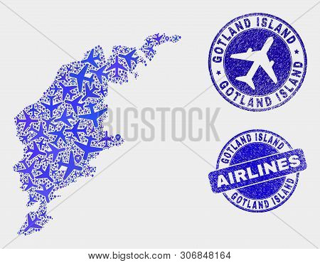 Aircraft Vector Gotland Island Map Composition And Grunge Seals. Abstract Gotland Island Map Is Done