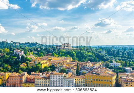 Top Aerial Panoramic View Of Forte Di Belvedere And Green Hills Of Arcetri Village, Row Of Buildings