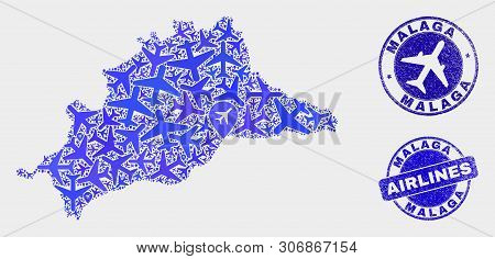 Aircraft Vector Malaga Province Map Mosaic And Scratched Watermarks. Abstract Malaga Province Map Is