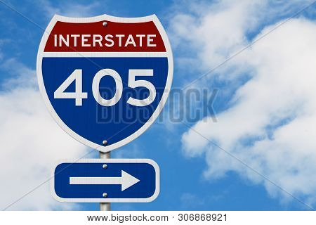 I-405 Interstate Usa Red And Blue Highway Road Sign With Sky Background 3d Illustration