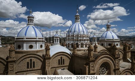 Aeiral Drone View Of Dome Of New Cathedral In Cuenca Ecuador As Seen From The Seminary.