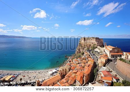Panorama With Beautiful Beaches And Old Castle Of Medieval Town Of Scilla In Calabria, Italy. Italia