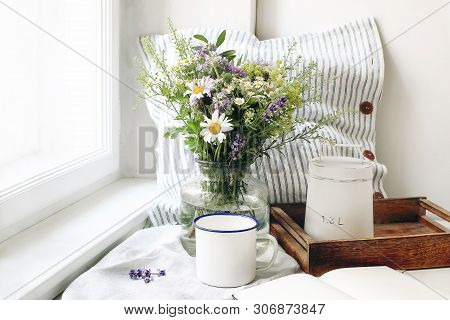 Summer Still Life Scene. Enamel Mug, Wild Flowers Bouquet And Linen Cushion. Vintage Feminine Styled