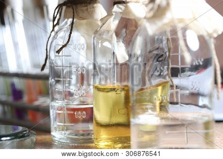 Chemical Reactants In Glass Capacities Stand On A Regiment In Chemical Laboratory. Carrying Out Of S