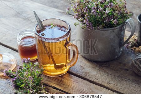 Mug Of Thyme Healthy Herbal Tea, Honey Jar And Rustic Metal Cup Full Of Thymus Serpyllum Medicinal H