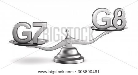 Scales and sign G7, G8 on white background. Isolated 3D illustration