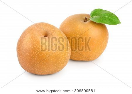 Fresh Asian Pear With Leaf Isolated On White Background