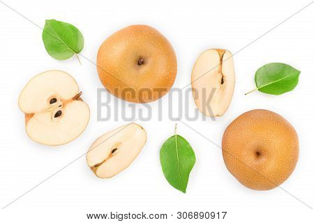 Fresh Asian Pear With Leaves Isolated On White Background. Top View. Flat Lay.