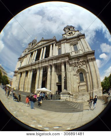LONDON/ UK- 16th June 2019: Wide angel, fish eye lens view of the main entrance to Saint Paul's cathedral.