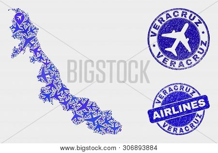 Aircraft Vector Veracruz State Map Mosaic And Grunge Stamps. Abstract Veracruz State Map Is Done Of 