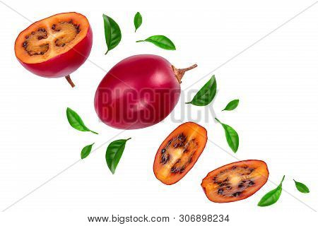 Fresh Tamarillo Fruit With Leaves Isolated On White Background. Top View. Flat Lay