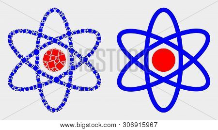 Pixel And Flat Atom Model Icons. Vector Mosaic Of Atom Model Designed Of Scattered Rectangle Element