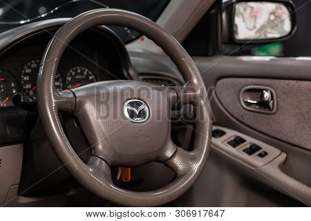 Novosibirsk, Russia - June 14, 2019:  Mazda Capella, Close-up Of The Dashboard, Speedometer, Tachome