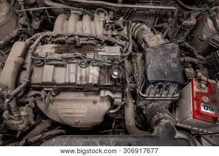 Novosibirsk, Russia - June 14, 2019:  Mazda Capella, Close-up Of The Engine, Front View. Internal Co