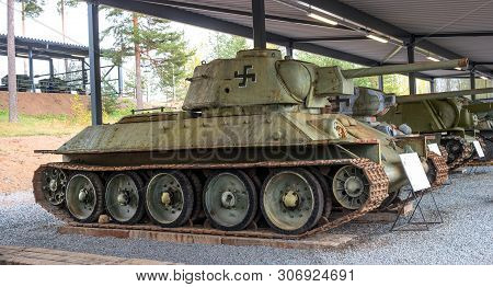 Parola, Finland - May 2, 2019: Tank Museum In The City Of Parola. Soviet Tank T-34-76. This Copy Was