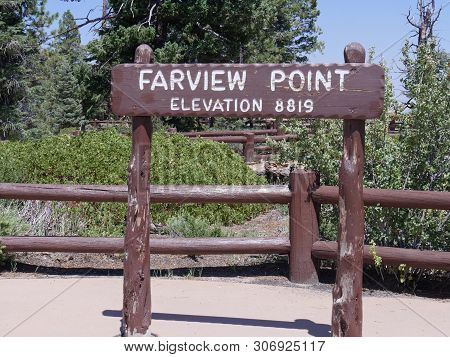 Concrete Sign At The Farview Point Lookout At Bryce Canyon National Park With An Elevation Of 8,819.