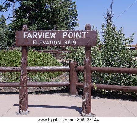 Medium Wide Shot Of The Concrete Sign At The Farview Point Lookout At Bryce Canyon National Park Wit