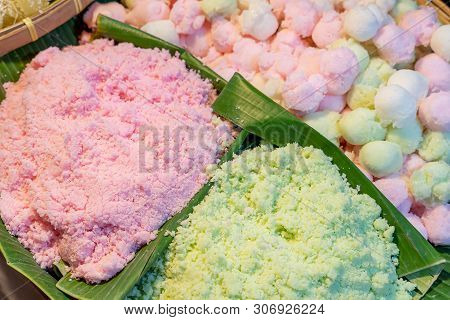 Thai Dessert Sweet From Coconut On Banana Leaves Known As Khanom Khee Noo.