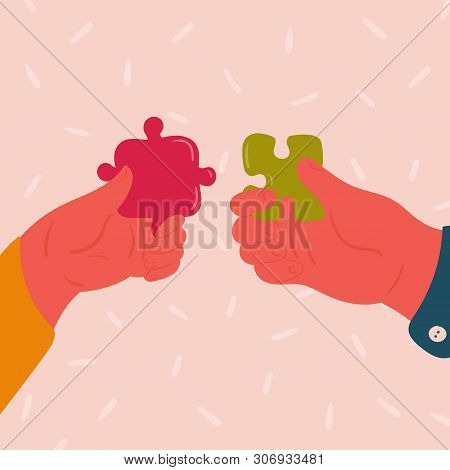 Man And Woman Hand With Puzzle. Male And Female Couple Hold Small Piece Of Puzzle In Their Fingers, 
