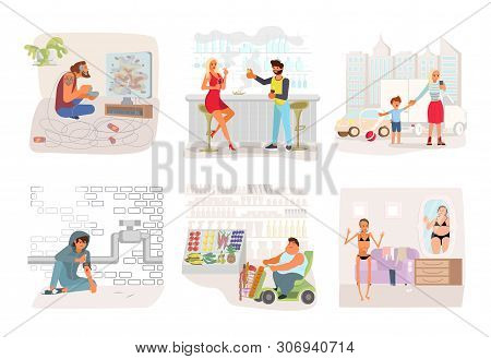 Set Of Addicted And Bad Habits People. Unhealthy Lifestyle. Alcoholism Drug Addiction Smoking Gambli