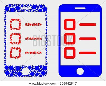 Pixel And Flat Mobile Test Items Icons. Vector Mosaic Of Mobile Test Items Created Of Irregular Rect