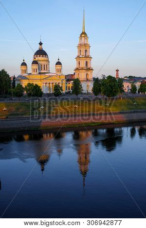Rybinsk, Russia - June, 10, 2019: landscape with the image of Volga embankment in Rybinsk, Russia at sunrise