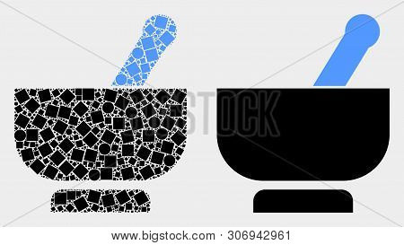 Dotted And Flat Mortar Icons. Vector Mosaic Of Mortar Constructed Of Randomized Square Dots And Circ