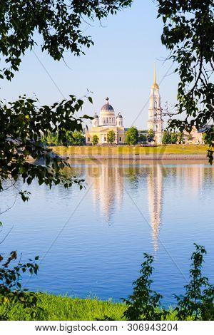 Rybinsk, Russia - June, 10, 2019: landscape with the image of Volga embankment in Rybinsk, Russia at sunrise