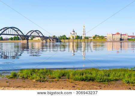 Rybinsk, Russia - June, 10, 2019: landscape with the image of Volga embankment in Rybinsk, Russia at sunrise