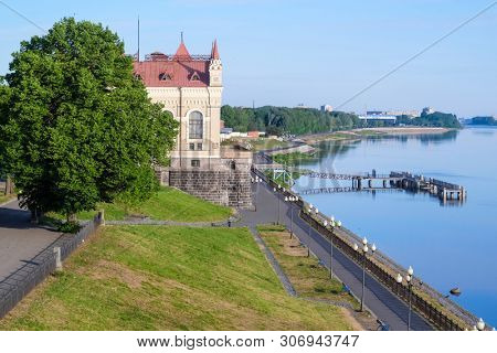 Rybinsk, Russia - June, 10, 2019: landscape with the image of Volga embankment in Rybinsk, Russia at sunrise