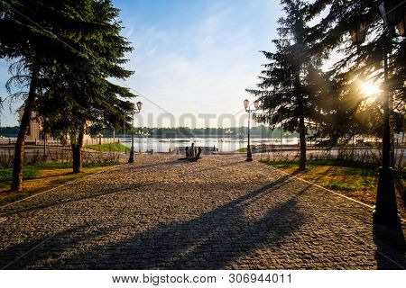 Rybinsk, Russia - June, 9, 2019: landscape with the image of old russian town Rybinsk at sunrise