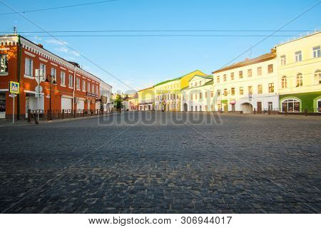 Rybinsk, Russia - June, 9, 2019: landscape with the image of old russian town Rybinsk