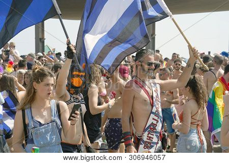 The Annual Parade Lgbt. Gay And Lesbians Walking In The Gay Pride Parade. Parade Of Tolerance. Rainb