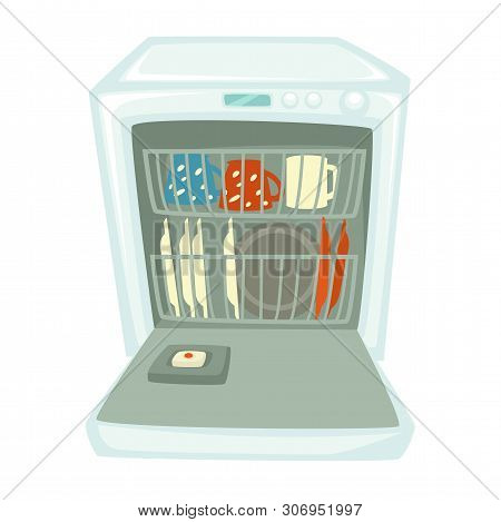 Dishwashing Machine Or Dishwasher Clean Plates And Cups Isolated Appliance