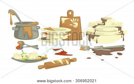 Dishware Dirty Plates And Cups Saucepan And Food Remains