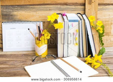 Notebook ,dictionary English And All Book For Study Of Student  With Stationary ,yellow Flowers Deco