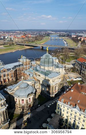 Amazing Dresden Aerial View With River Elbe And Kunstakademie - Academy Of Fine Arts On Sunny Spring