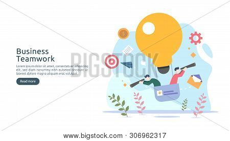 Teamwork Business Brainstorming Idea Concept With Big Yellow Light Bulb Lamp, Tiny People Character.