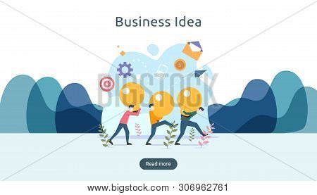 Teamwork Business Brainstorming Idea Concept With Big Yellow Light Bulb Lamp, Tiny People Character.