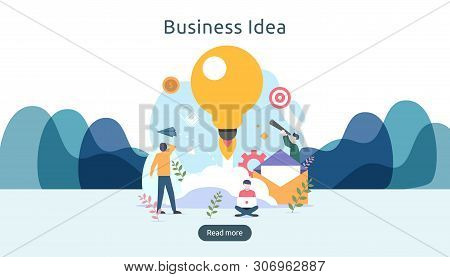 Teamwork Business Brainstorming Idea Concept With Big Yellow Light Bulb Lamp, Tiny People Character.