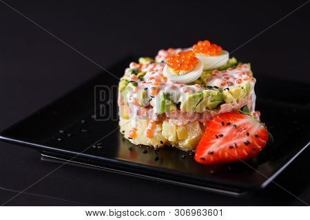 Round Salad Made Of Red Fish Potato And Avocado