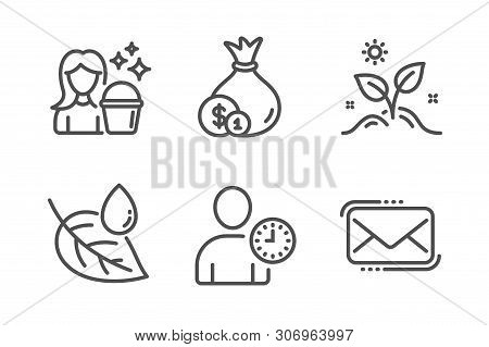 Cash, Grow Plant And Time Management Icons Simple Set. Leaf Dew, Cleaning And Messenger Mail Signs. 